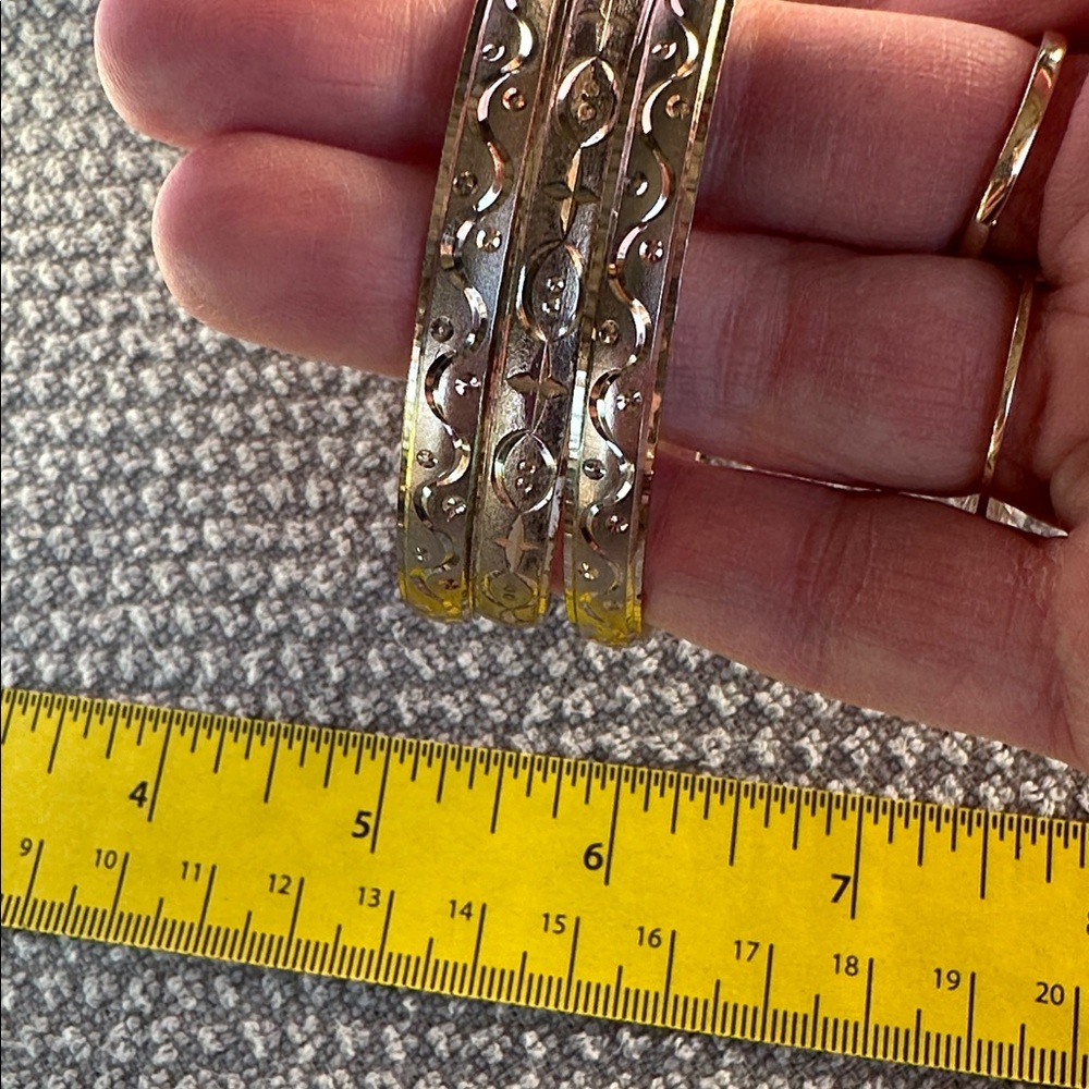 Goldtone Bangle Bracelet Trio. Brushed Goldtone with etched Bohemian style - Picture 6 of 6